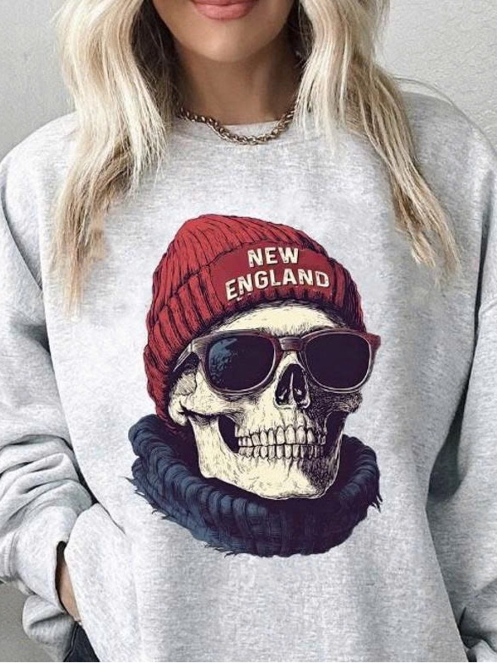 Gray Sweatshirt with Red Beanie Skull Graphic